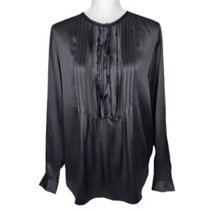 ELIE TAHARI BLACK PLEATED LONG‑SLEEVE BLOUSE – SIZE MEDIUM – SMOOTH SATIN FEEL